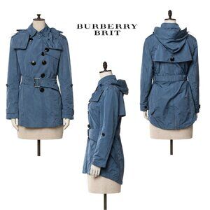 Burberry Novacheck Nylon Short Peacoat Trench Jacket w Hood. Size 6.